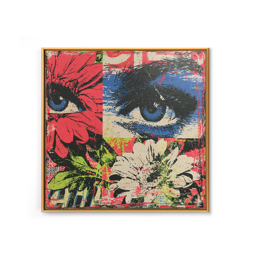 Paste Up Collage of Flowers and Eyes Framed Canvas Print, Street Art, Graffiti Art, Living Room Decor, Fine Art, Urban, STR-1x1-58