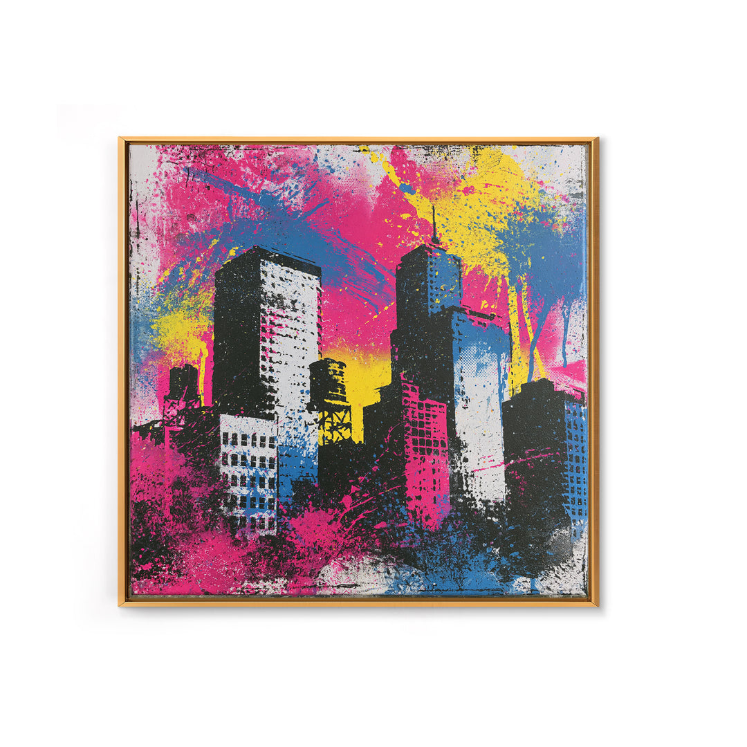 Urban Skyline Made from Stencil Layers Framed Canvas Print, Street Art, Gallery Decor, Living Room Decor, Fine Art, Urban, STR-1x1-62