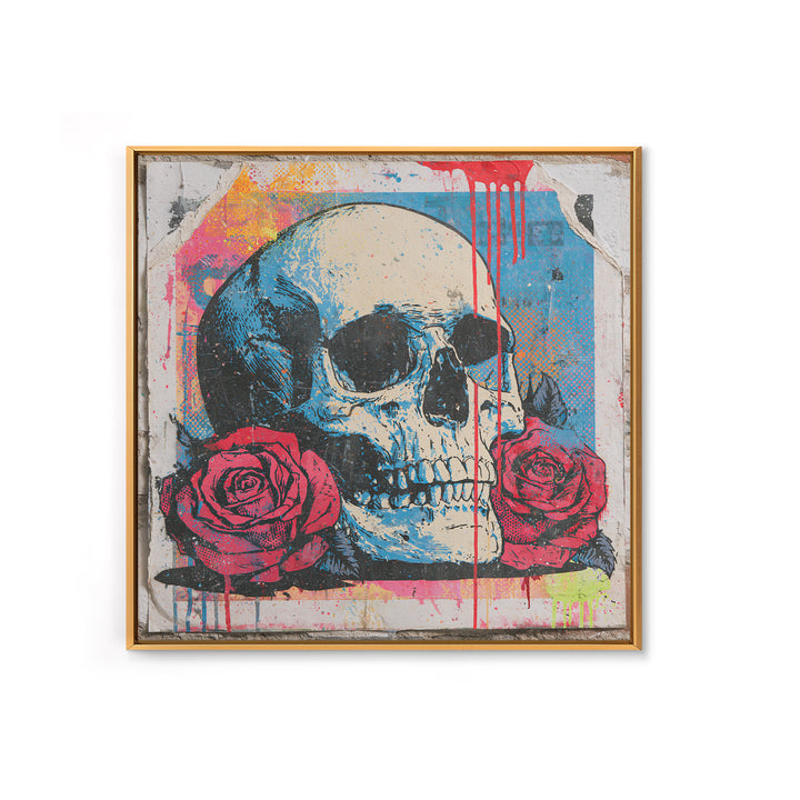 Skull with Roses in Street Mural Style Framed Canvas Print, Street Art, Abstract Painting, Living Room Decor, Fine Art, Urban, STR-1x1-64