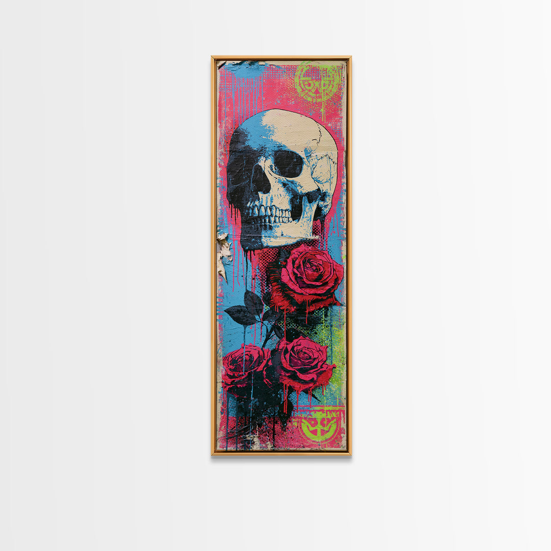 Skull with Roses in Street Mural Style Framed Canvas Print, Street Art, Large Wall Art, Living Room Decor, Fine Art, Urban, STR-1x3-52