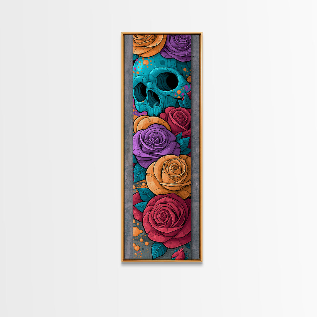 Skull with Roses in Street Mural Style Framed Canvas Print, Street Art, Bar Art, Living Room Decor, Oil Painting, Urban, STR-1x3-76