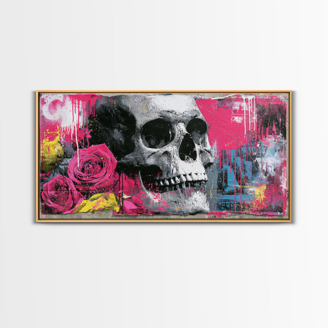Skull with Roses in Street Mural Style Framed Canvas Print, Street Art, Art Print, Living Room Decor, Fine Art, Urban, STR-2x1-12