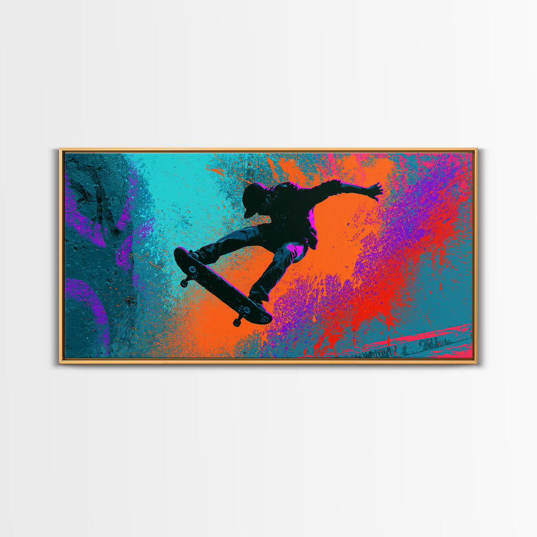 Skateboarder Silhouette over Neon Splashes Framed Canvas Print, Street Art, Living Room Decor, Watercolor Art, Urban, STR-2x1-23