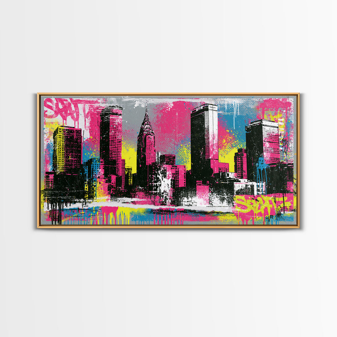Urban Skyline Made from Stencil Layers Framed Canvas Print, Street Art, Minimalist Decor, Living Room Decor, Abstract Art, STR-2x1-34
