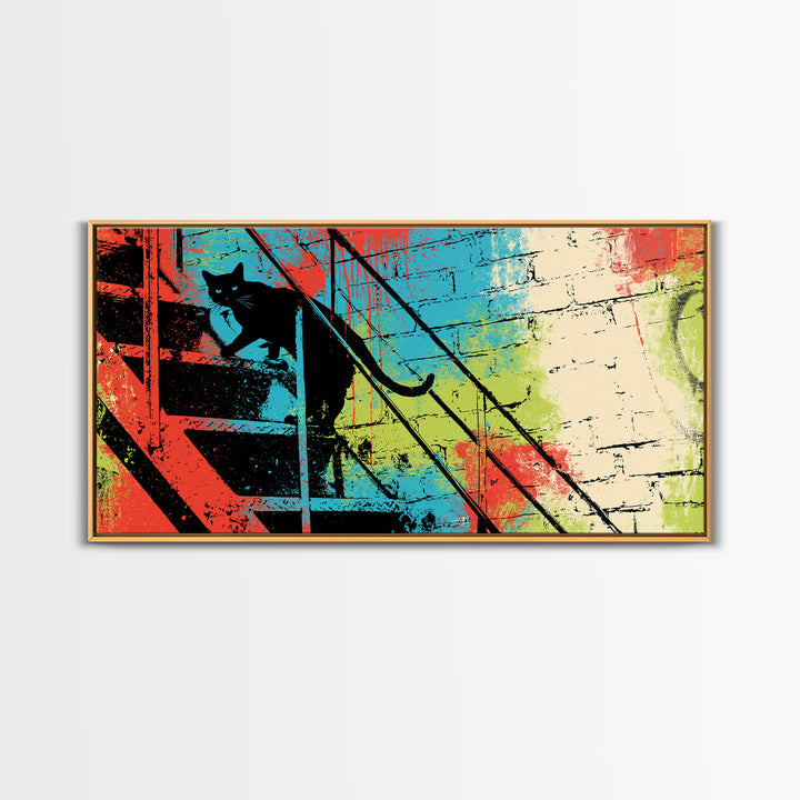 Black Cat on Fire Escape Silhouette Canvas Print, Street Art, Wall Hangings, Living Room Decor, Oil Painting, Urban, Modern Art, STR-2x1-39