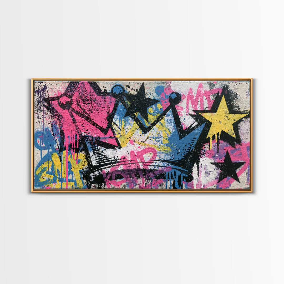 Drippy Crown and Stars Composition Framed Canvas Print, Street Art, Poster, Living Room Decor, Fine Art, Urban, Poster Prints, STR-2x1-40