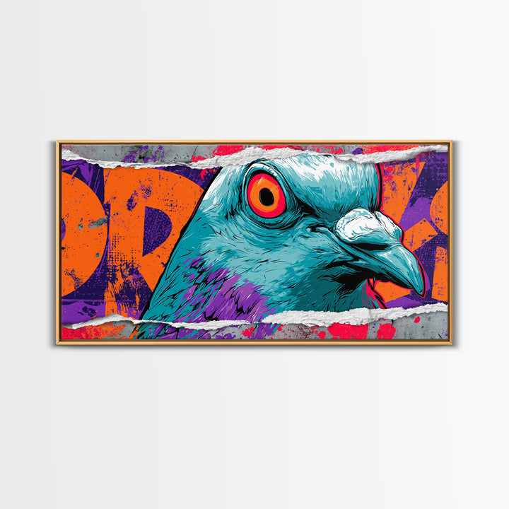 City Pigeon with Attitude and Comic Charm Framed Canvas Print, Street Art, Watercolor Painting, Living Room Decor, STR-2x1-51
