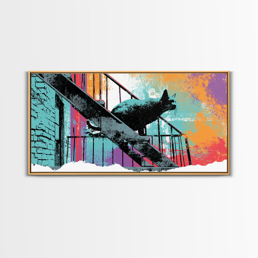 Black Cat on Fire Escape Silhouette Canvas Print, Street Art, Abstract Painting, Living Room Decor, Urban, Gallery Decor, STR-2x1-63