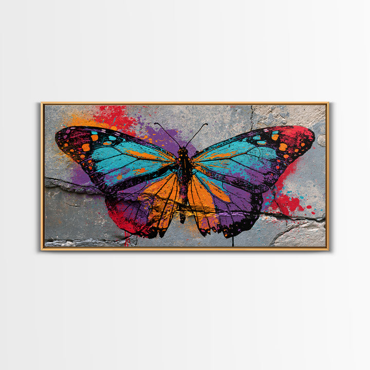 Spray Painted Butterfly on Cracked Concrete Framed Canvas Print, Street Art, Artwork, Living Room Decor, Fine Art, Urban, STR-2x1-91
