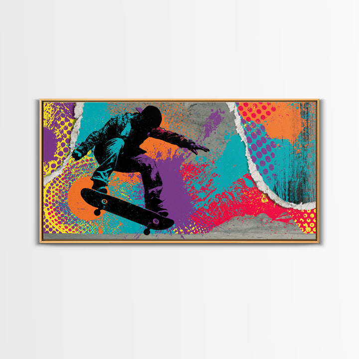 Skateboarder Silhouette over Neon Splashes Framed Canvas Print, Street Art, Neutral Decor, Living Room Decor, Fine Art, Urban, STR-2x1-95