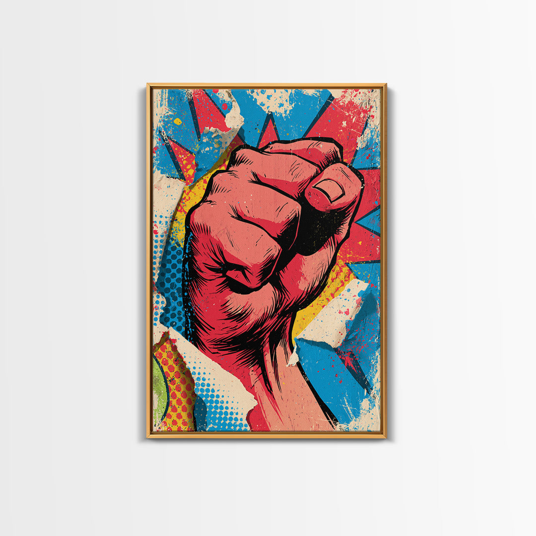 Comic Fist Breaking Through Color Framed Canvas Print, Street Art, Wall Hangings, Living Room Decor, Oil Painting, Urban, STR-2x3-21