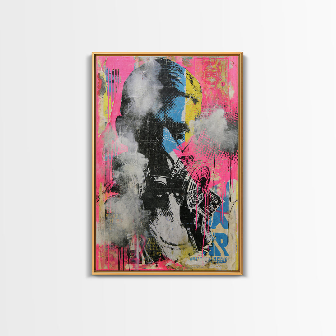 Masked Figure Surrounded by Aerosol Clouds Framed Canvas Print, Street Art, Luxury Decor, Living Room Decor, Fine Art, Urban, STR-2x3-44