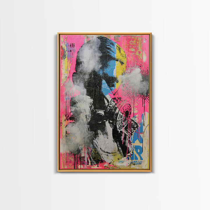 Masked Figure Surrounded by Aerosol Clouds Framed Canvas Print, Street Art, Luxury Decor, Living Room Decor, Fine Art, Urban, STR-2x3-44