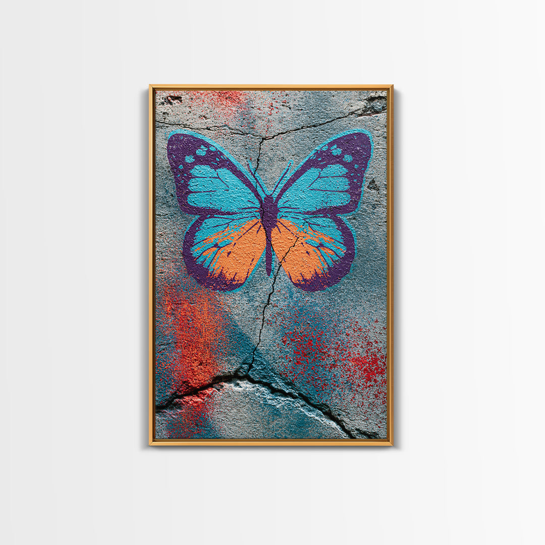 Spray Painted Butterfly on Cracked Concrete Canvas Print, Street Art, Abstract Art, Living Room Decor, Fine Art, Urban, STR-2x3-79