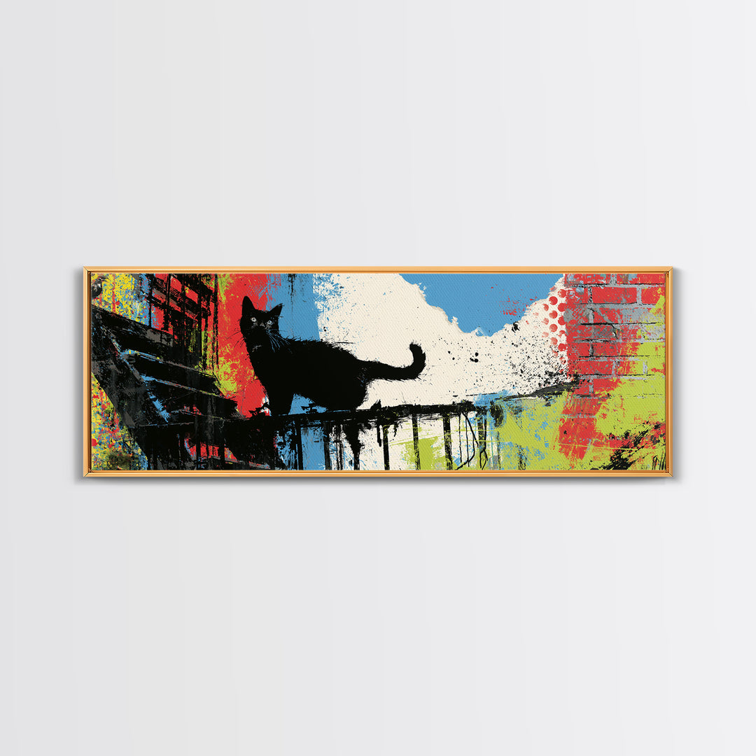 Black Cat on Fire Escape Silhouette Canvas Print, Street Art, Graffiti Art, Living Room Decor, Watercolor Art, Urban, STR-3x1-11