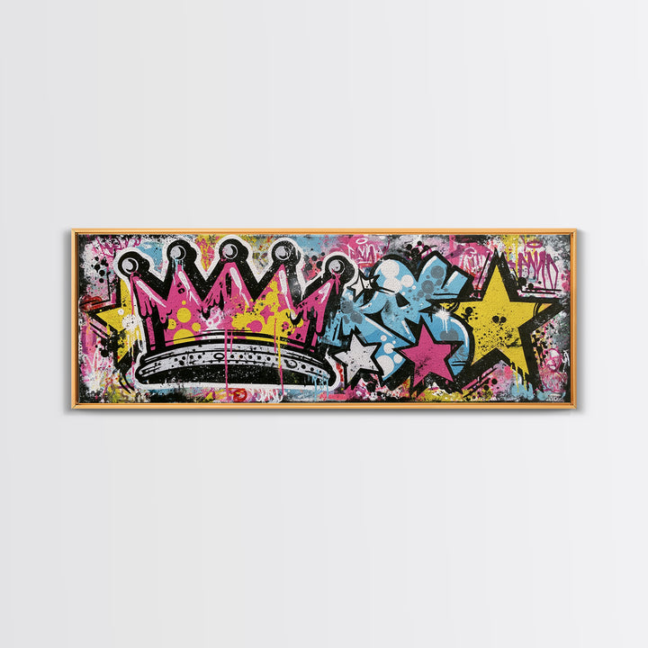 Drippy Crown and Stars Composition Framed Canvas Print, Street Art, Painting, Living Room Decor, Urban, Abstract Painting, STR-3x1-84