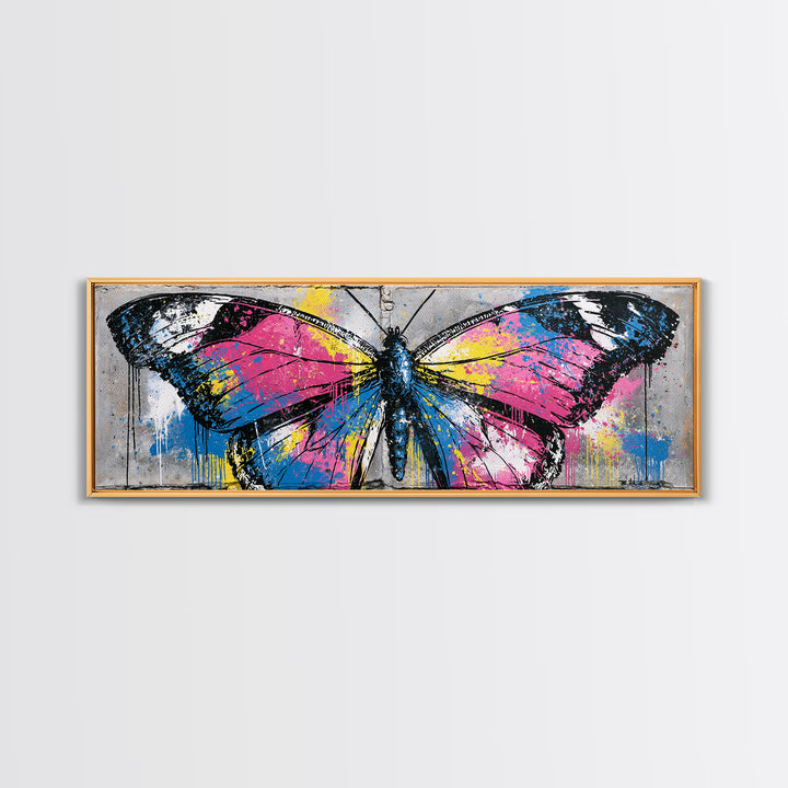 Spray Painted Butterfly on Cracked Concrete Framed Canvas Print, Street Art, Artwork, Living Room Decor, Fine Art, Urban, STR-3x1-87