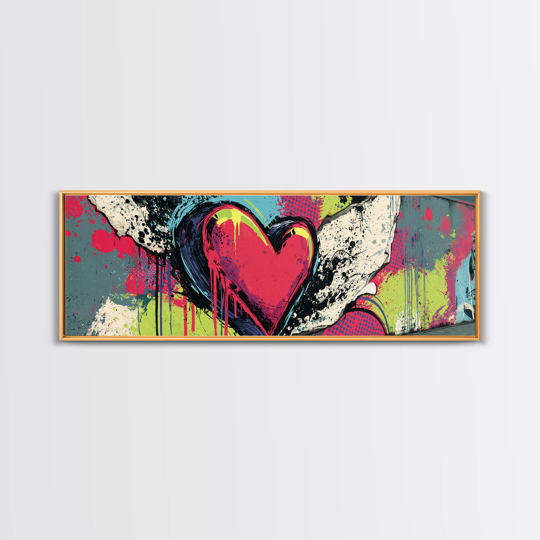 Neon Heart with Rough Drips Framed Canvas Print, Street Art, Canvas, Living Room Decor, Fine Art, Urban, Colorful Wall Art, STR-3x1-99