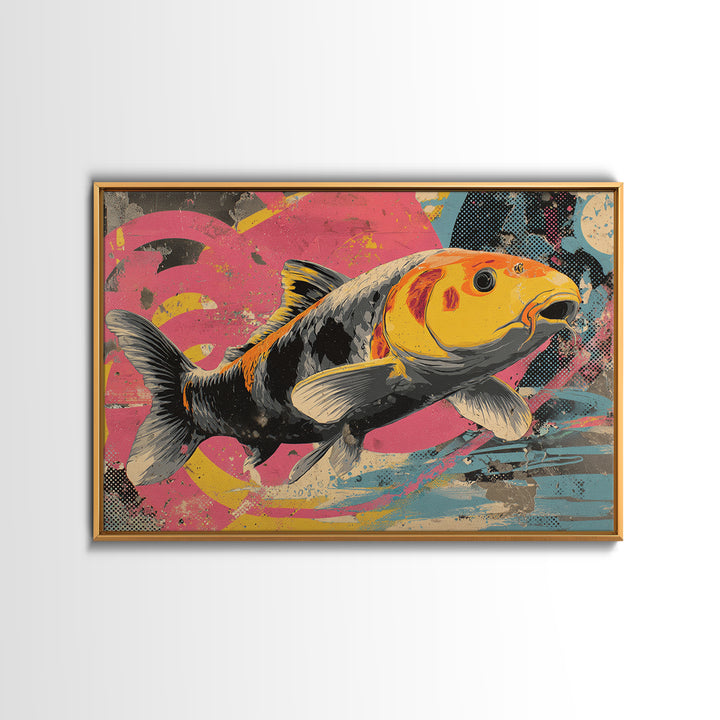 Graffiti Koi Swimming Through Color Swirls Framed Canvas Print, Street Art, Anime Art, Living Room Decor, Abstract Art, Urban, STR-3x2-25