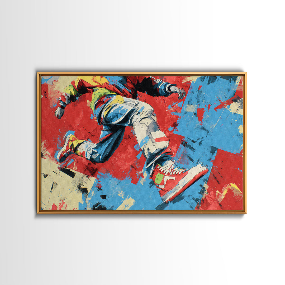 Breakdancer Frozen in Energetic Motion Framed Canvas Print, Street Art, Colorful Wall Art, Living Room Decor, Fine Art, Urban, STR-3x2-46