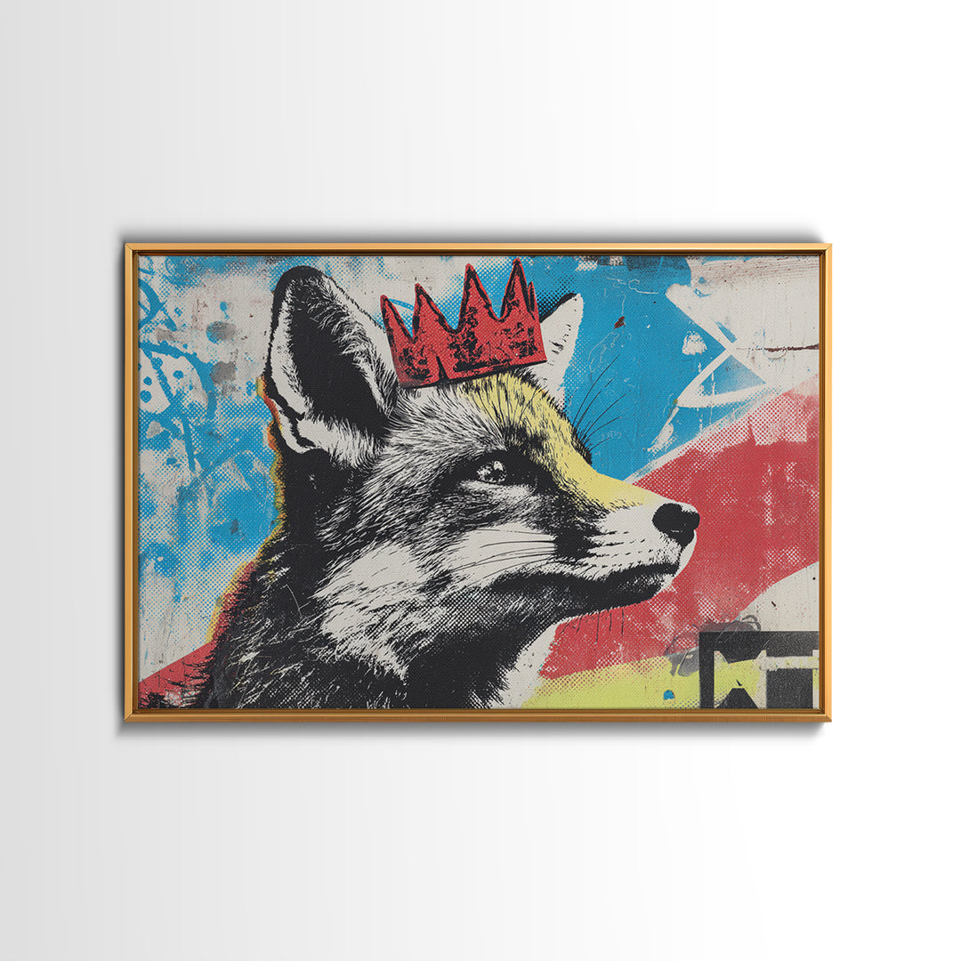 Urban Fox Wearing a Crown of Spray Framed Canvas Print, Street Art, Modern Wall Art, Living Room Decor, Fine Art, Urban, STR-3x2-6