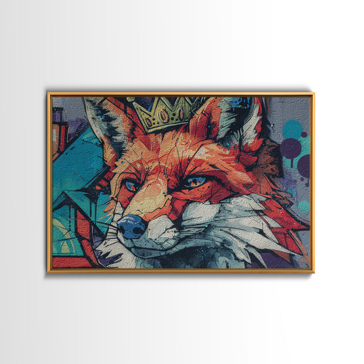 Urban Fox Wearing a Crown of Spray Framed Canvas Print, Street Art, Contemporary Art, Living Room Decor, Fine Art, Urban, STR-3x2-78
