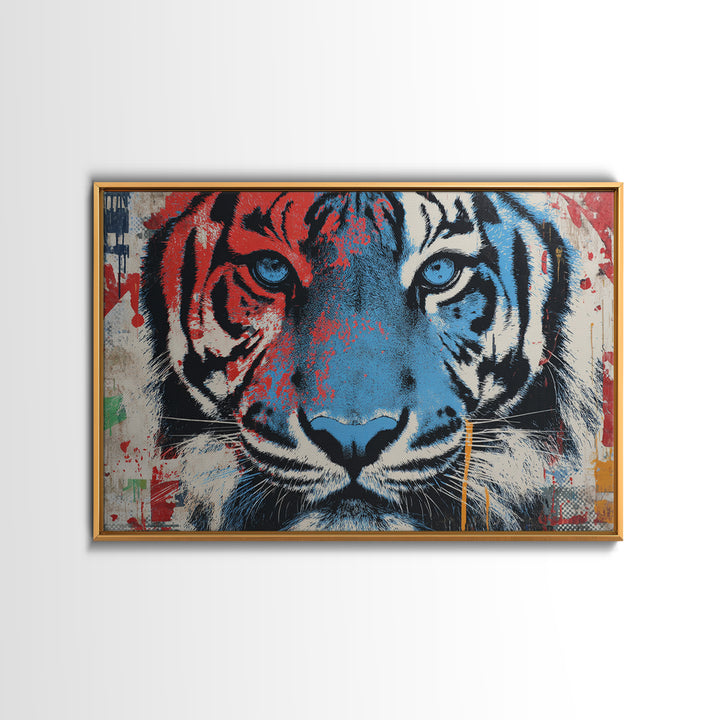 Spray Painted Tiger Face Canvas Print, Street Art, Poster, Living Room Decor, Urban, Poster Prints, Watercolor Painting, STR-3x2-84