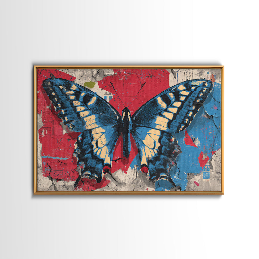 Spray Painted Butterfly on Cracked Concrete Framed Canvas Print, Street Art, Artwork, Living Room Decor, Fine Art, Urban, STR-3x2-99