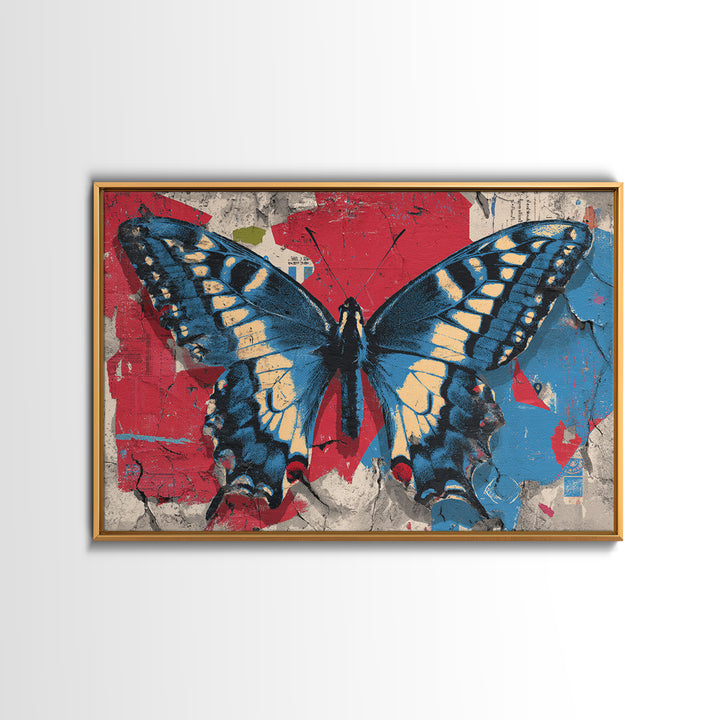 Spray Painted Butterfly on Cracked Concrete Framed Canvas Print, Street Art, Artwork, Living Room Decor, Fine Art, Urban, STR-3x2-99