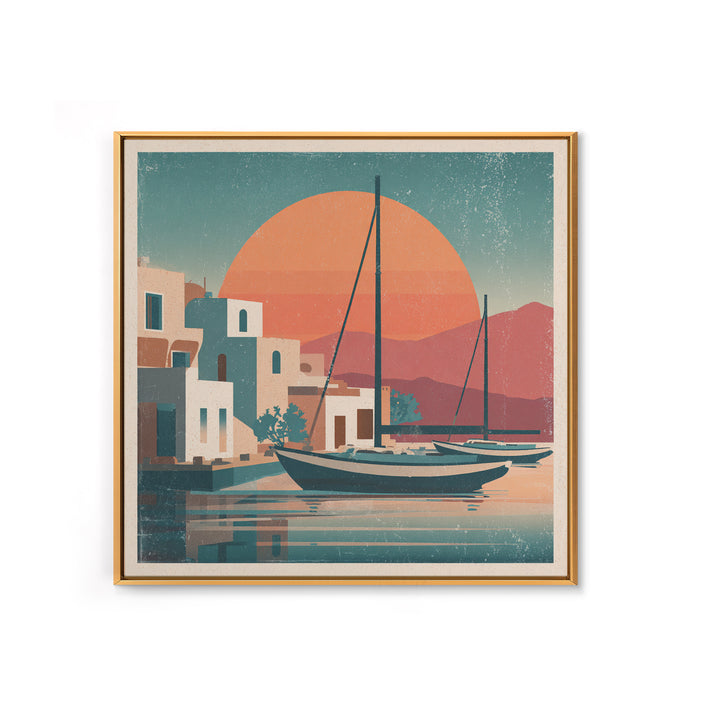 Greek Island Sailboat and Sun Poster Framed Canvas Print, Travel Poster(2), Luxury Decor, Living Room Decor, Fine Art, Voyage, TPO-1x1-40