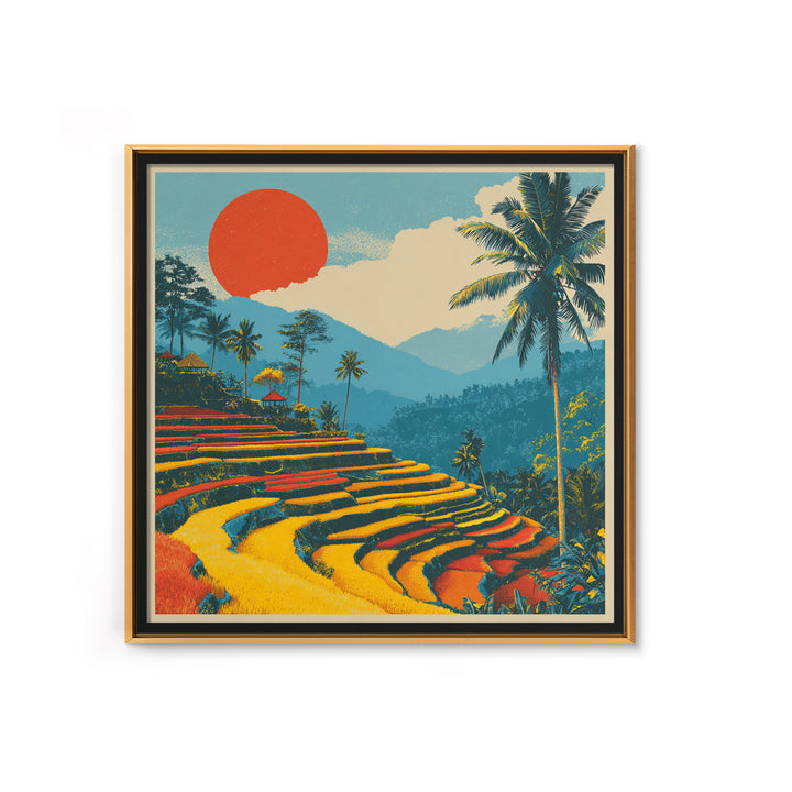 Bali Rice Terraces and Jungle Palms Framed Canvas Print, Travel Poster(2), Retro Poster, Living Room Decor, Fine Art, Voyage, TPO-1x1-61