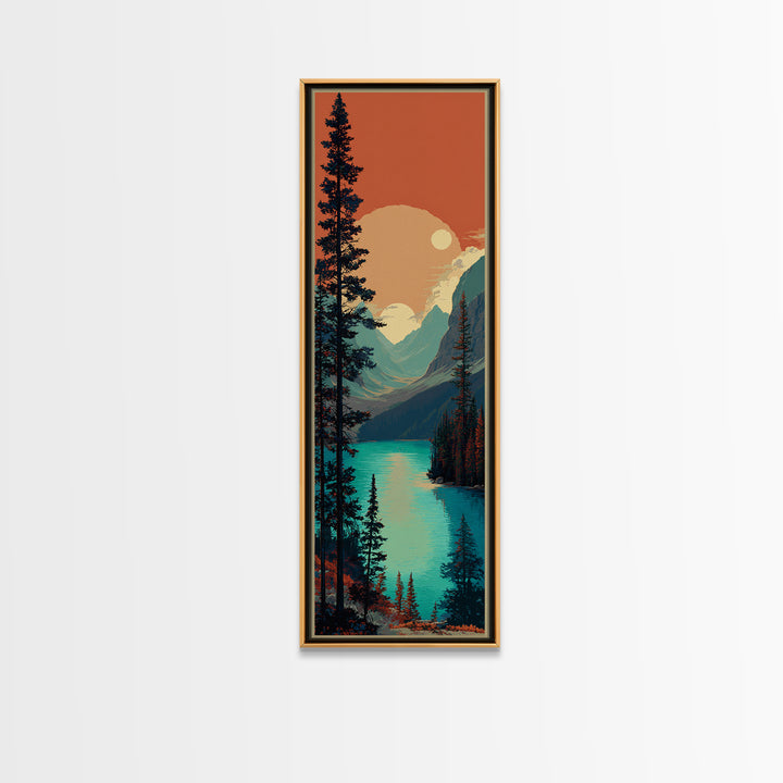 Banff Lake with Turquoise Water Framed Canvas Print, Travel Poster(2), Art Print, Living Room Decor, Watercolor Art, Voyage, TPO-1x3-31
