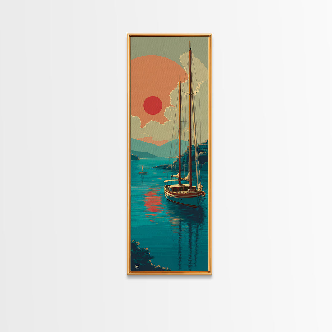 Greek Island Sailboat and Sun Poster Framed Canvas Print, Travel Poster(2), Modern Decor, Living Room Decor, Fine Art, Voyage, TPO-1x3-4