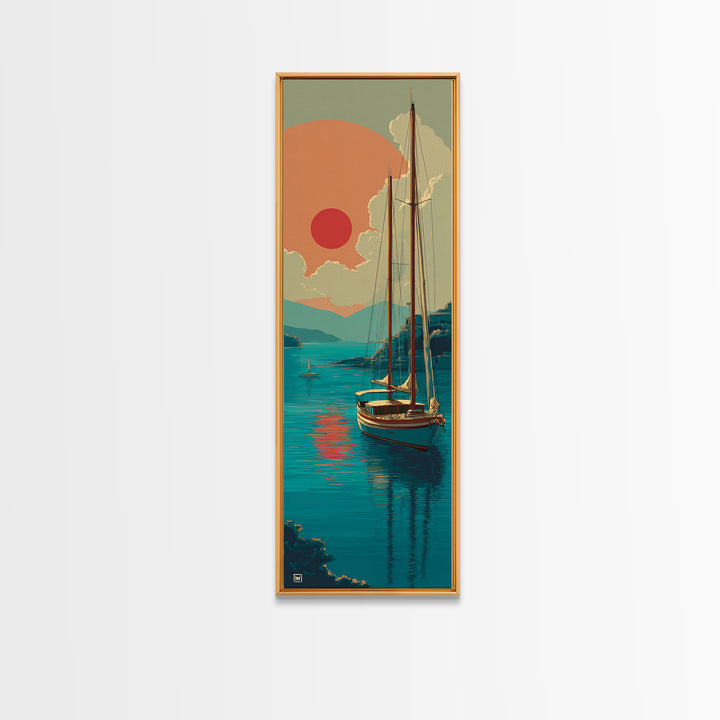 Greek Island Sailboat and Sun Poster Framed Canvas Print, Travel Poster(2), Modern Decor, Living Room Decor, Fine Art, Voyage, TPO-1x3-4