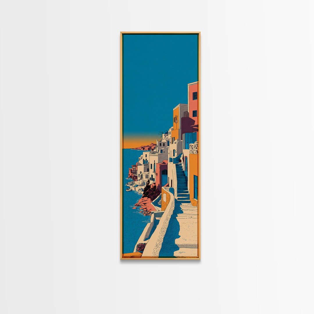 Santorini White Buildings and Cobalt Water Framed Canvas Print, Travel Poster(2), Digital Print, Living Room Decor, Voyage, TPO-1x3-64