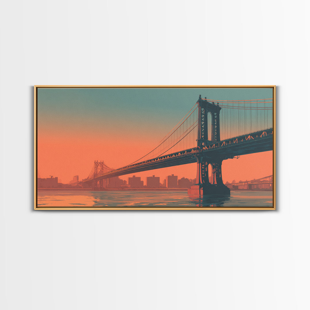 New York Bridge at Sunrise Framed Canvas Print, Travel Poster(2), Minimalist Decor, Living Room Decor, Fine Art, Voyage, TPO-2x1-50