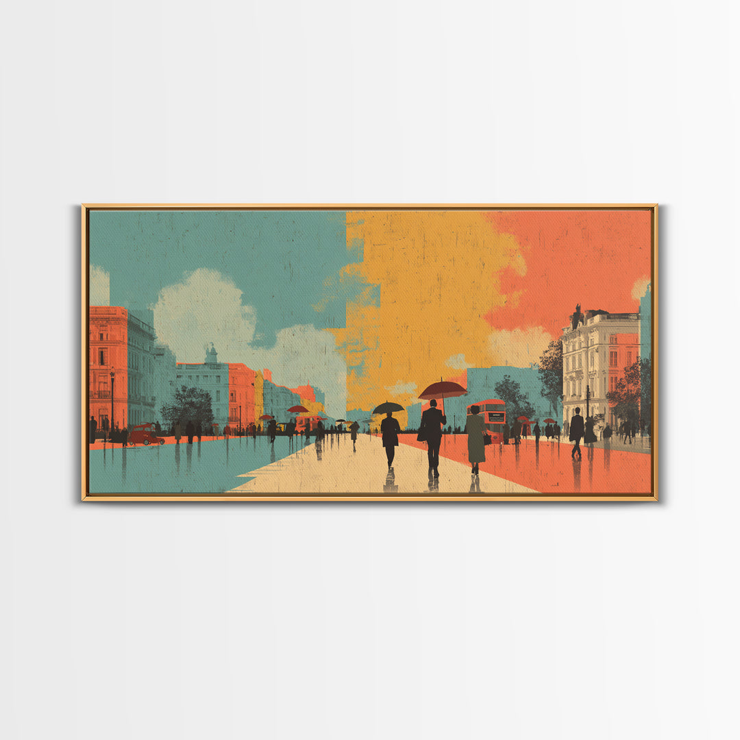 London Rainy Street Umbrella Graphic Canvas Print, Travel Poster(2), Contemporary Art, Living Room Decor, Fine Art, Voyage, TPO-2x1-54