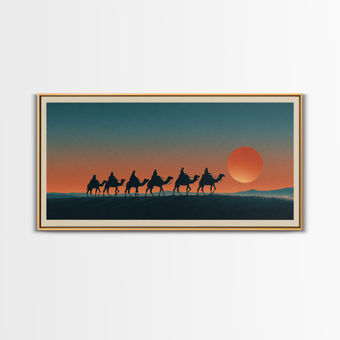 Moroccan Desert Caravan Travel Poster Framed Canvas Print, Travel Poster(2), Statement Artwork, Living Room Decor, Voyage, TPO-2x1-75