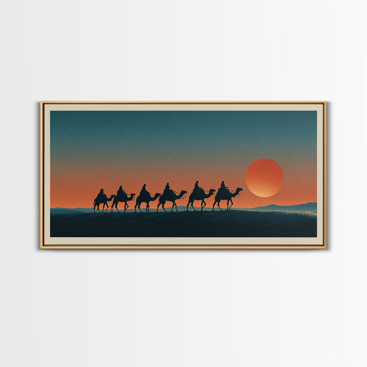 Moroccan Desert Caravan Travel Poster Framed Canvas Print, Travel Poster(2), Statement Artwork, Living Room Decor, Voyage, TPO-2x1-75