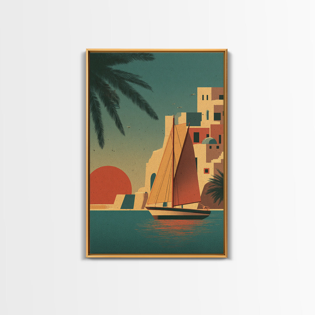 Greek Island Sailboat and Sun Poster Framed Canvas Print, Travel Poster(2), Map Print, Living Room Decor, Fine Art, Voyage, TPO-2x3-24