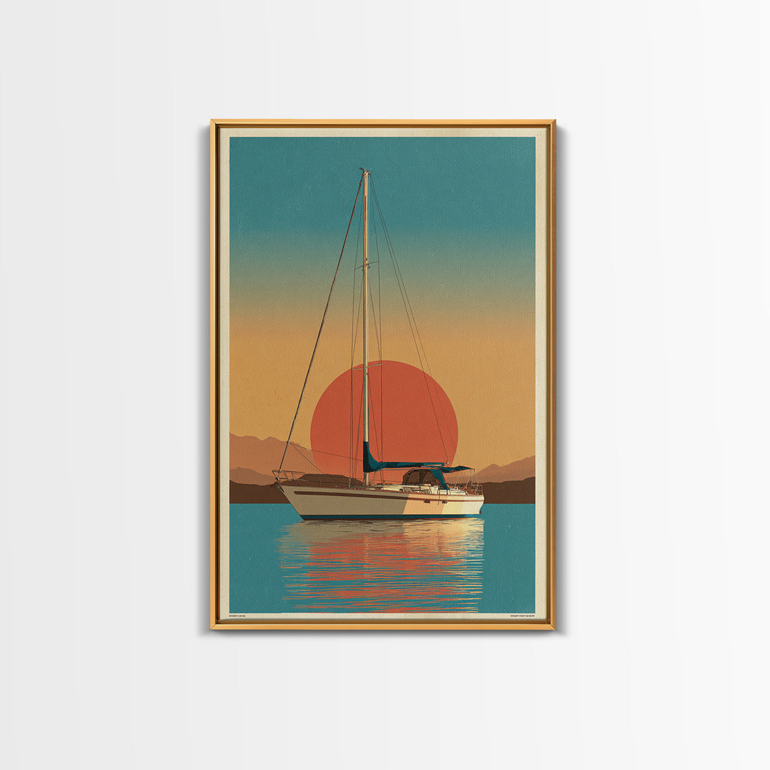 Greek Island Sailboat and Sun Poster Framed Canvas Print, Travel Poster(2), Statement Artwork, Living Room Decor, Voyage, TPO-2x3-48