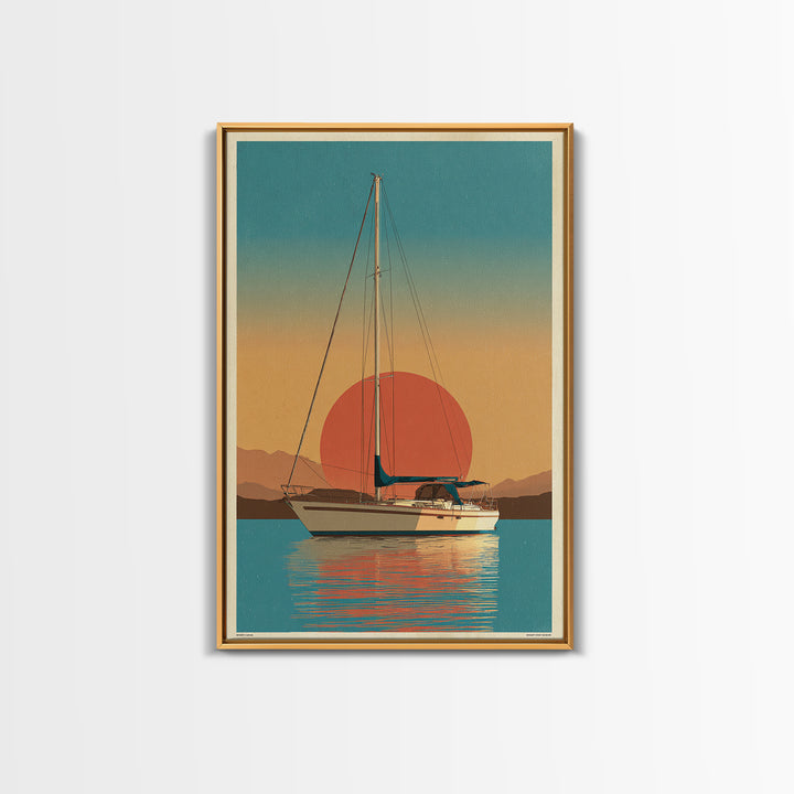Greek Island Sailboat and Sun Poster Framed Canvas Print, Travel Poster(2), Statement Artwork, Living Room Decor, Voyage, TPO-2x3-48