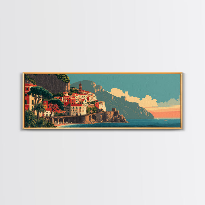 Retro Amalfi Coast Cliffs Framed Canvas Print, Travel Poster(2), Wall Hanging, Living Room Decor, Voyage, Landscape Art, TPO-3x1-18