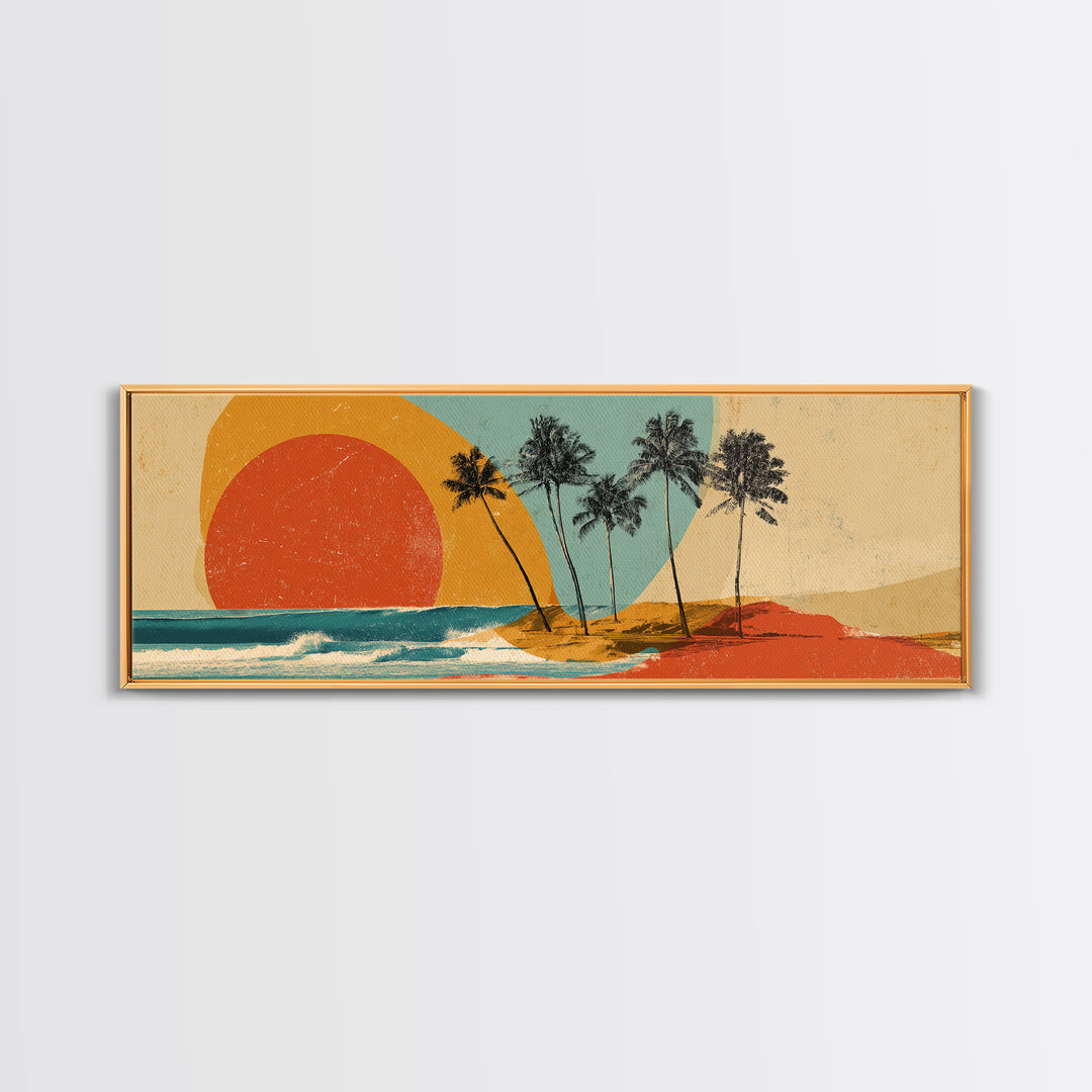 Hawaii Surf and Palm Tree Poster Framed Canvas Print, Travel Poster(2), Gallery Wall Set, Living Room Decor, Fine Art, Voyage, TPO-3x1-73