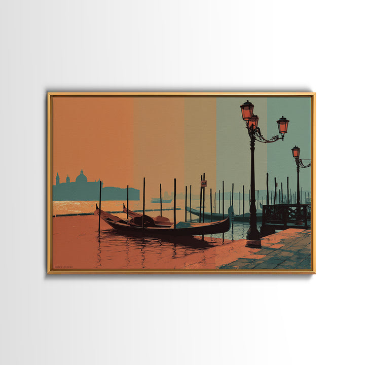 Venice Gondola Silhouette Framed Canvas Print, Travel Poster(2), Gallery Decor, Living Room Decor, Fine Art, Voyage, TPO-3x2-64