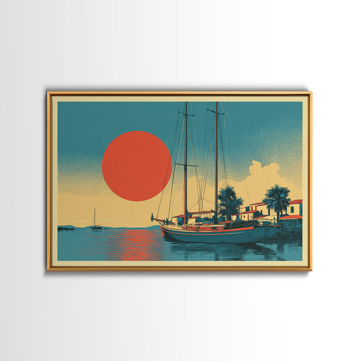 Greek Island Sailboat and Sun Poster Canvas Print, Travel Poster(2), Wall Decor, Living Room Decor, Fine Art, Voyage, TPO-3x2-68