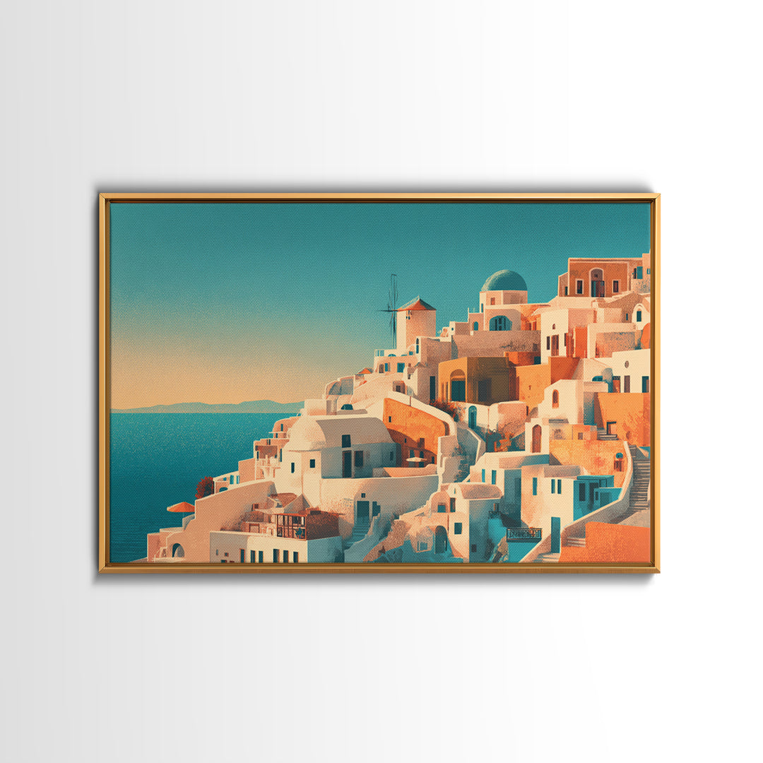 Santorini White Buildings and Cobalt Water Framed Canvas Print, Travel Poster(2), Retro Wall Art, Living Room Decor, Voyage, TPO-3x2-8