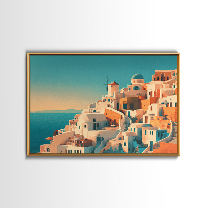 Santorini White Buildings and Cobalt Water Framed Canvas Print, Travel Poster(2), Retro Wall Art, Living Room Decor, Voyage, TPO-3x2-8