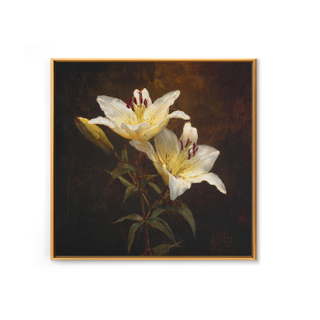 White Lilies on Dark Background Canvas Print, Traditional Art, Digital Print, Living Room Decor, Oil Painting, Classic, TRA-1x1-15