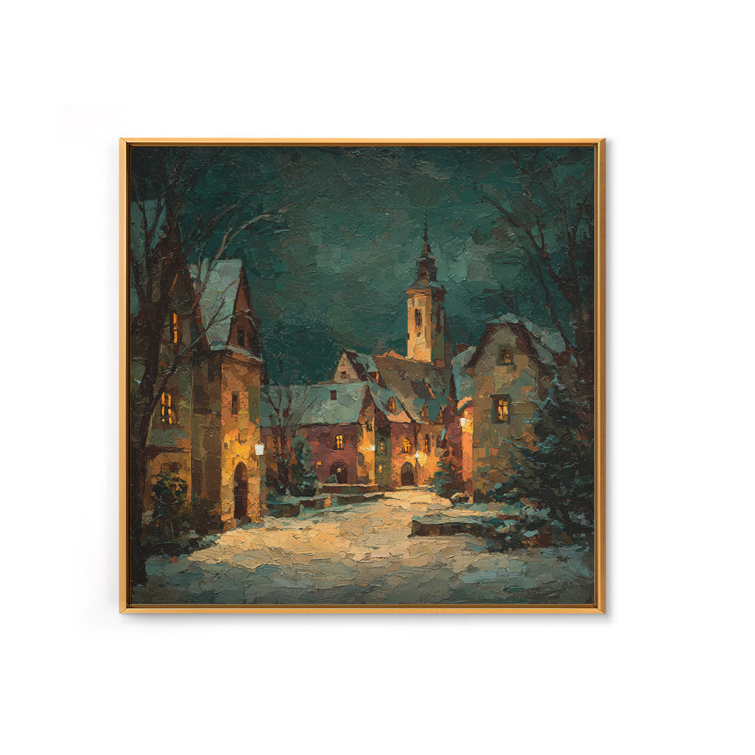 Snowy Village Landscape at Twilight Canvas Print, Traditional Art, Printable Art, Living Room Decor, Watercolor Art, Classic, TRA-1x1-19